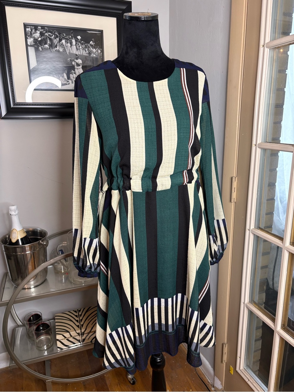 Sunday in Brooklyn Striped Green and Cream Long-Sleeve A-Line Dress XS